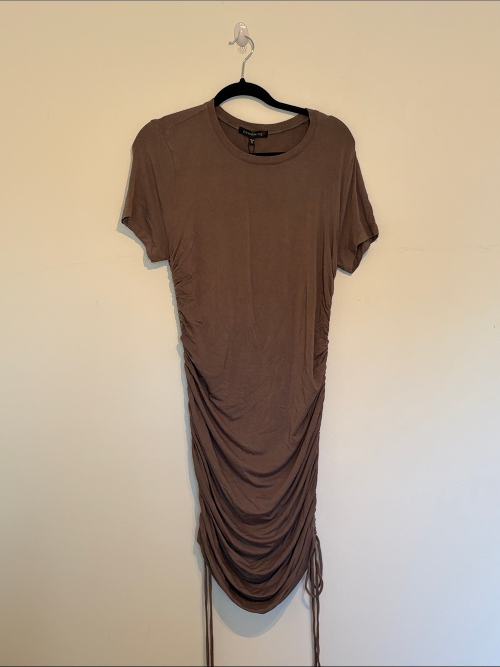 Dynamite Taupe Ruched Midi Tee Dress